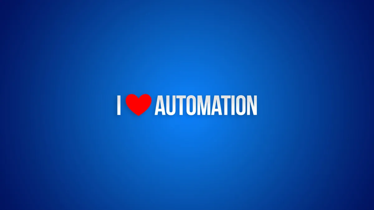 I Love Automation logo card: red heart on a blue background