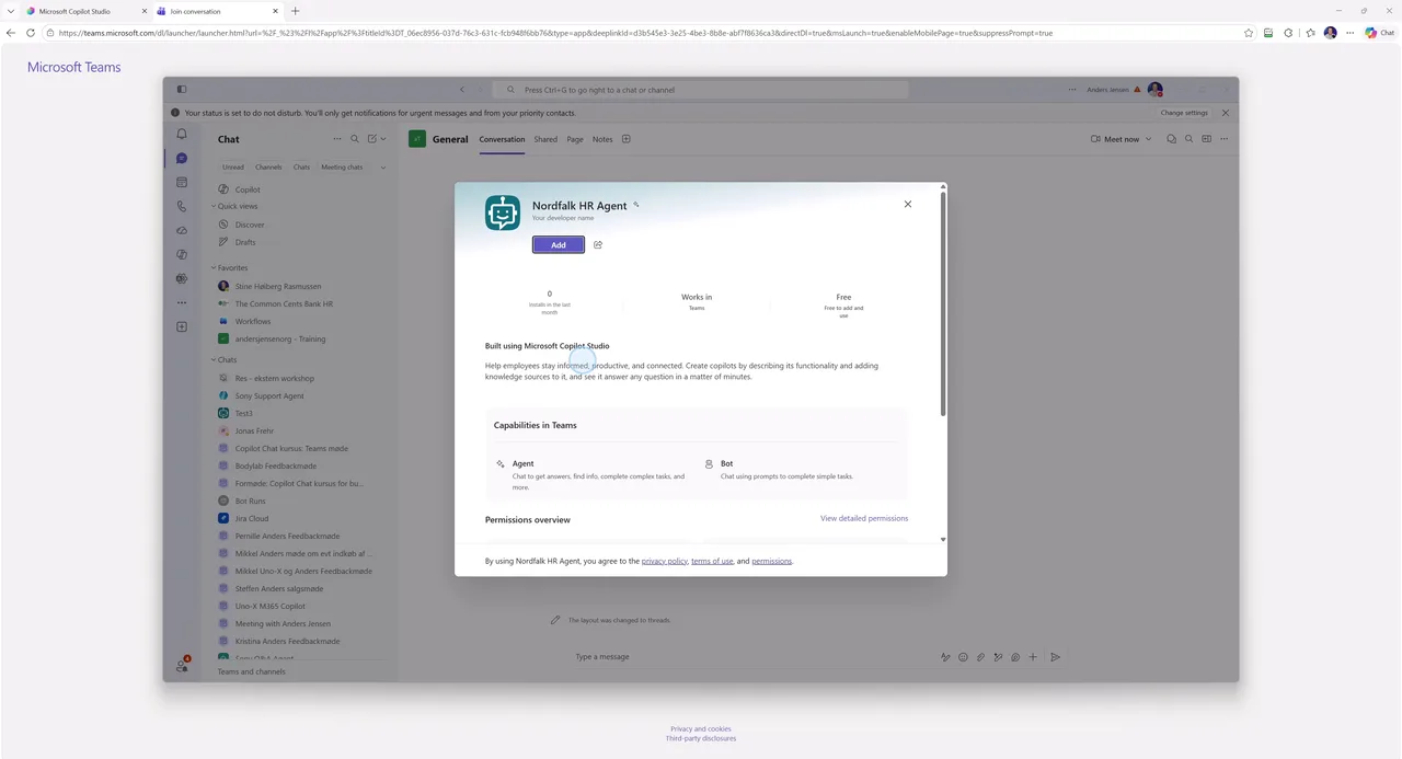 Nordfalk HR Agent tilføjes i Microsoft Teams med beskrivelsen Built using Microsoft Copilot Studio