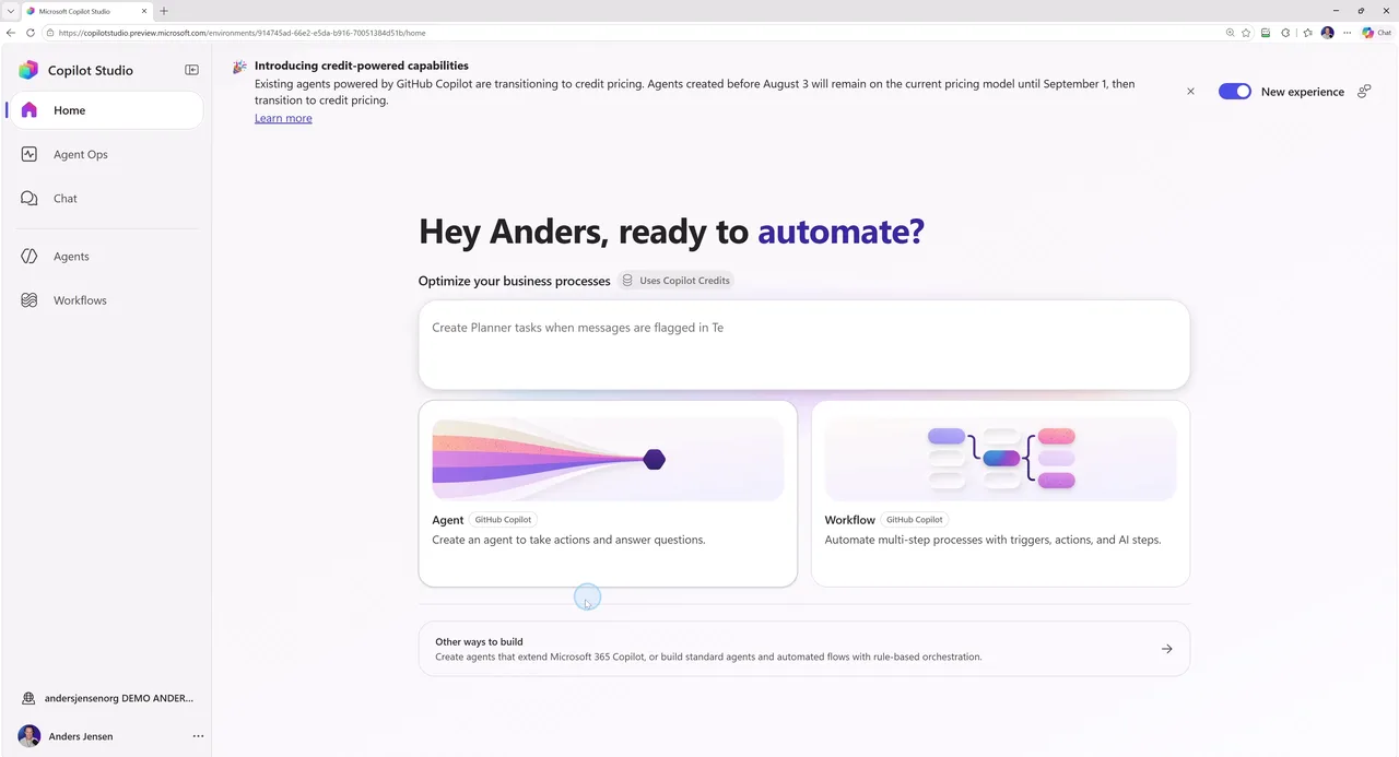 Forsiden i det nye Copilot Studio med de to kort Agent og Workflow, begge mærket GitHub Copilot