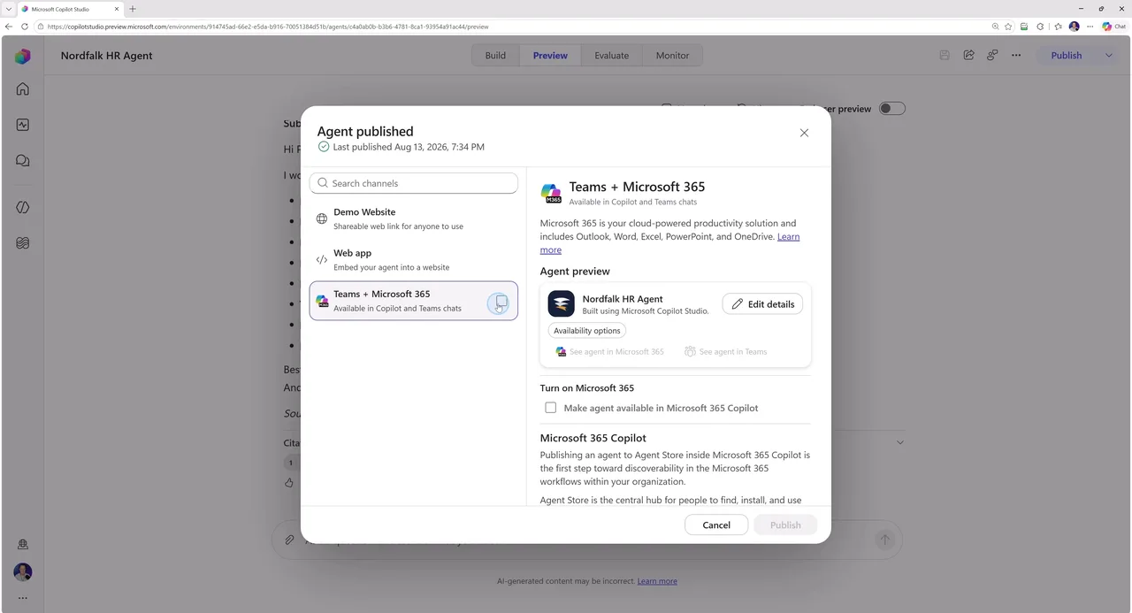Agent published-dialogen med kanalerne Demo Website, Web app og Teams + Microsoft 365 valgt til Nordfalk HR Agent