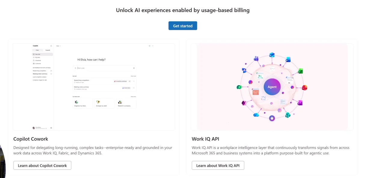 The Cost management page in the Microsoft 365 admin center with the Get started button and cards for Copilot Cowork and Work IQ API