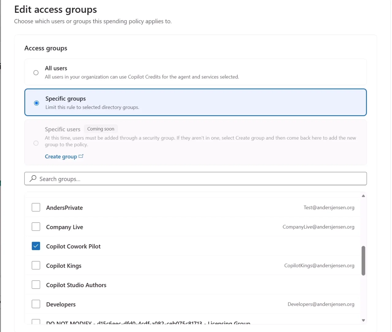 The Edit access groups panel with Specific groups selected and the Copilot Cowork Pilot security group ticked
