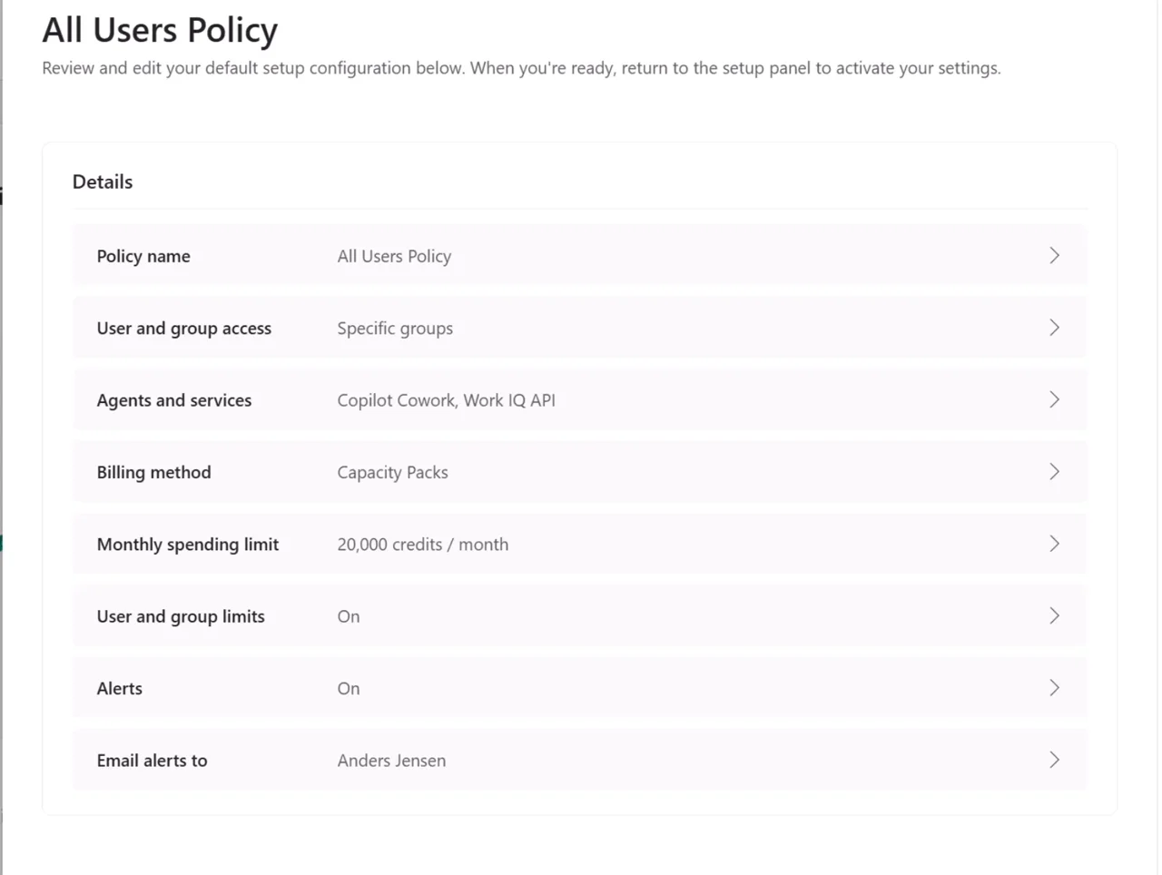 Summary of the spending policy with Specific groups, capacity packs as the billing method, and 20,000 credits per month
