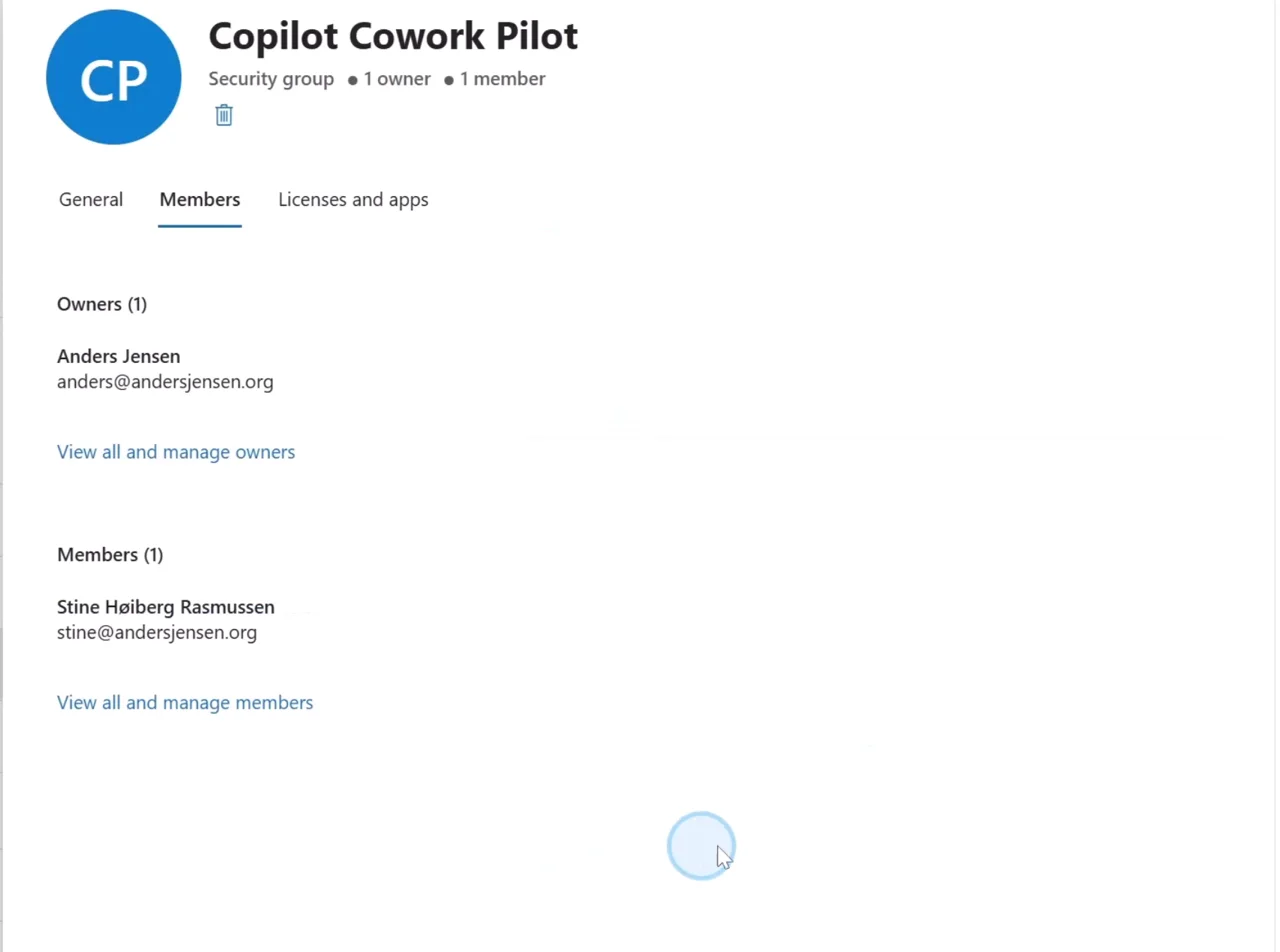 The Copilot Cowork Pilot security group with one owner and one member added