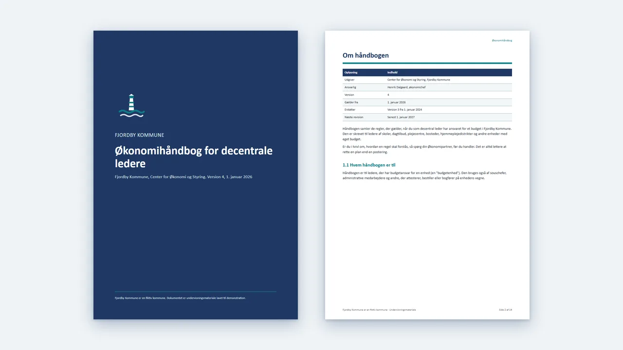 The cover and a content page from the finance handbook of Fjordby Kommune, with the municipality's logo and the line saying it is fictional