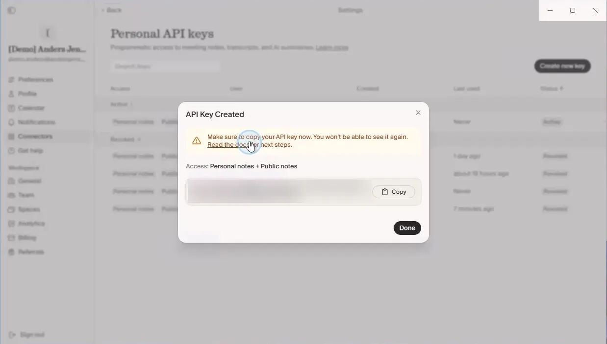 The API Key Created dialog in Granola with the new key blurred and a warning that it is only shown once