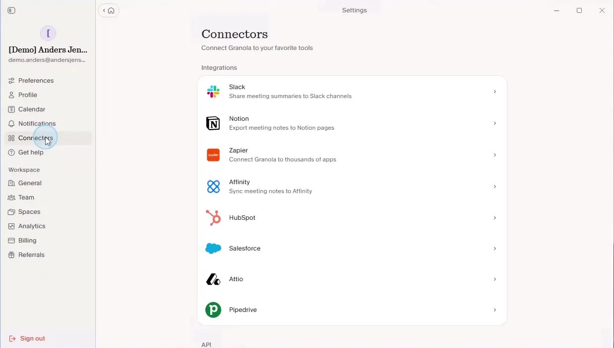 Granola settings with the Connectors page open and the list of integrations