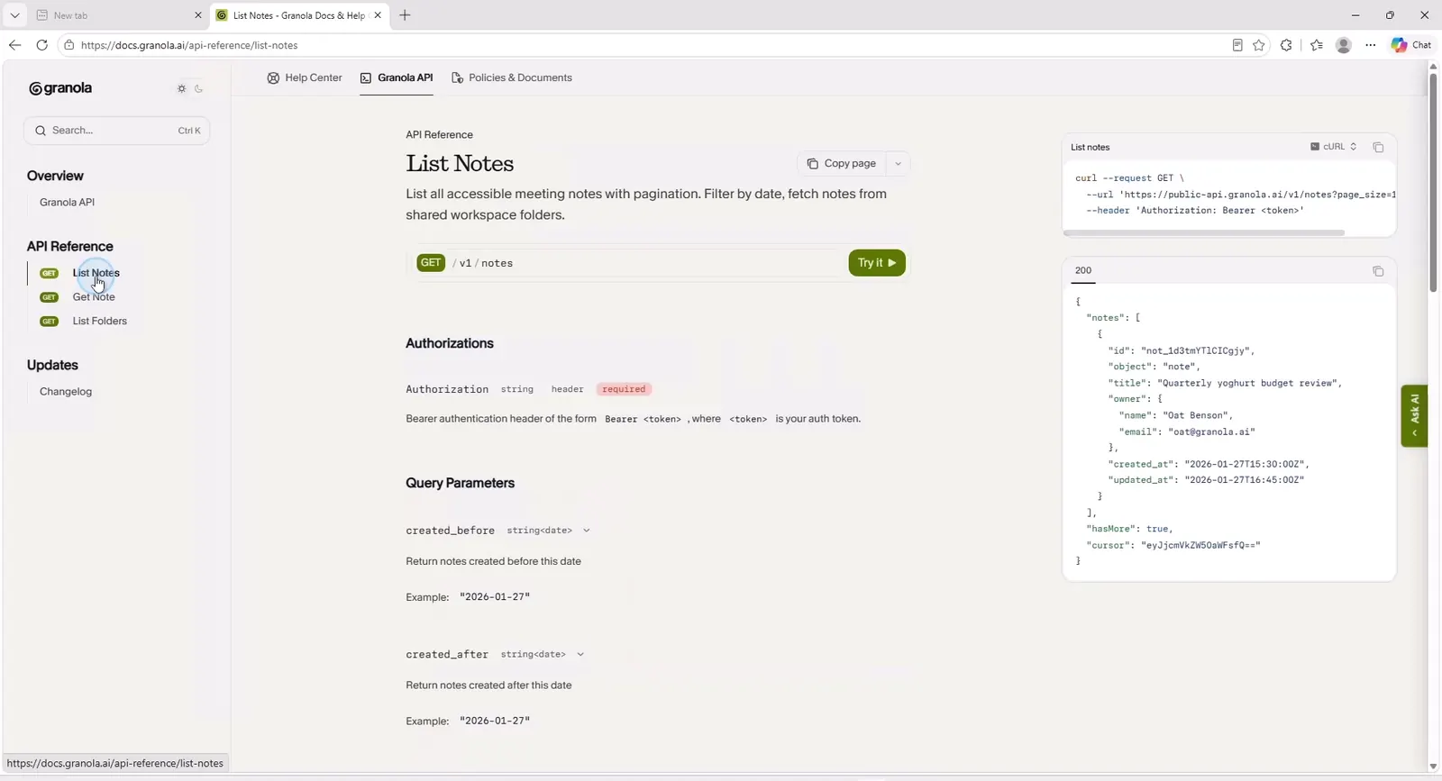 The List Notes API documentation showing the method, URL, authorisation and an example response