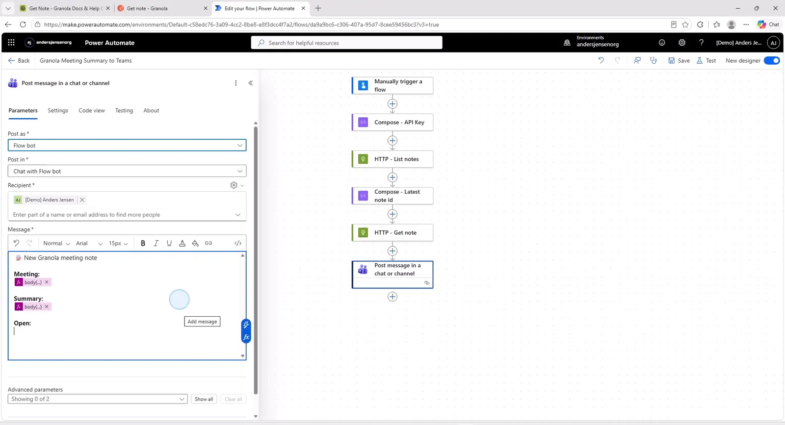 The message field in Power Automate with the meeting title, summary and link assembled from Granola's dynamic content