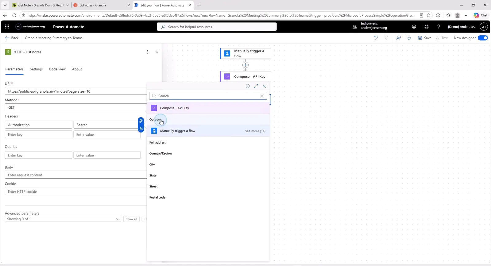 The dynamic content picker in Power Automate inserting the Compose - API Key output into the Authorization header