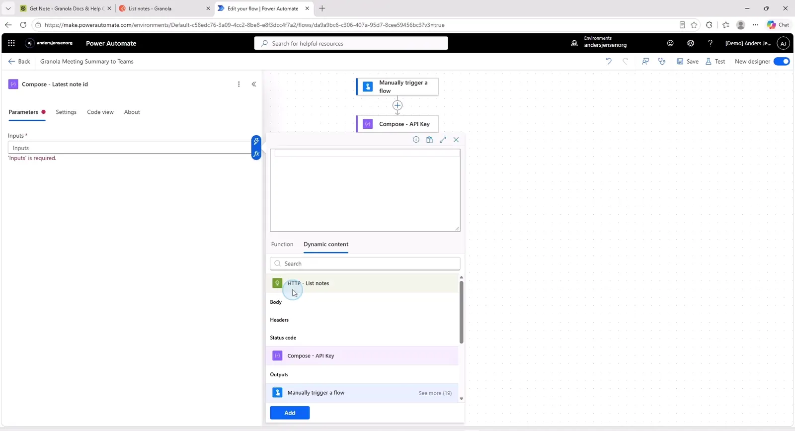 The expression editor in Power Automate with the expression that returns the id of the first note in the list