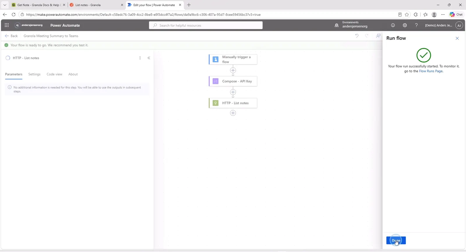 Power Automate showing Your flow ran successfully after the first test run