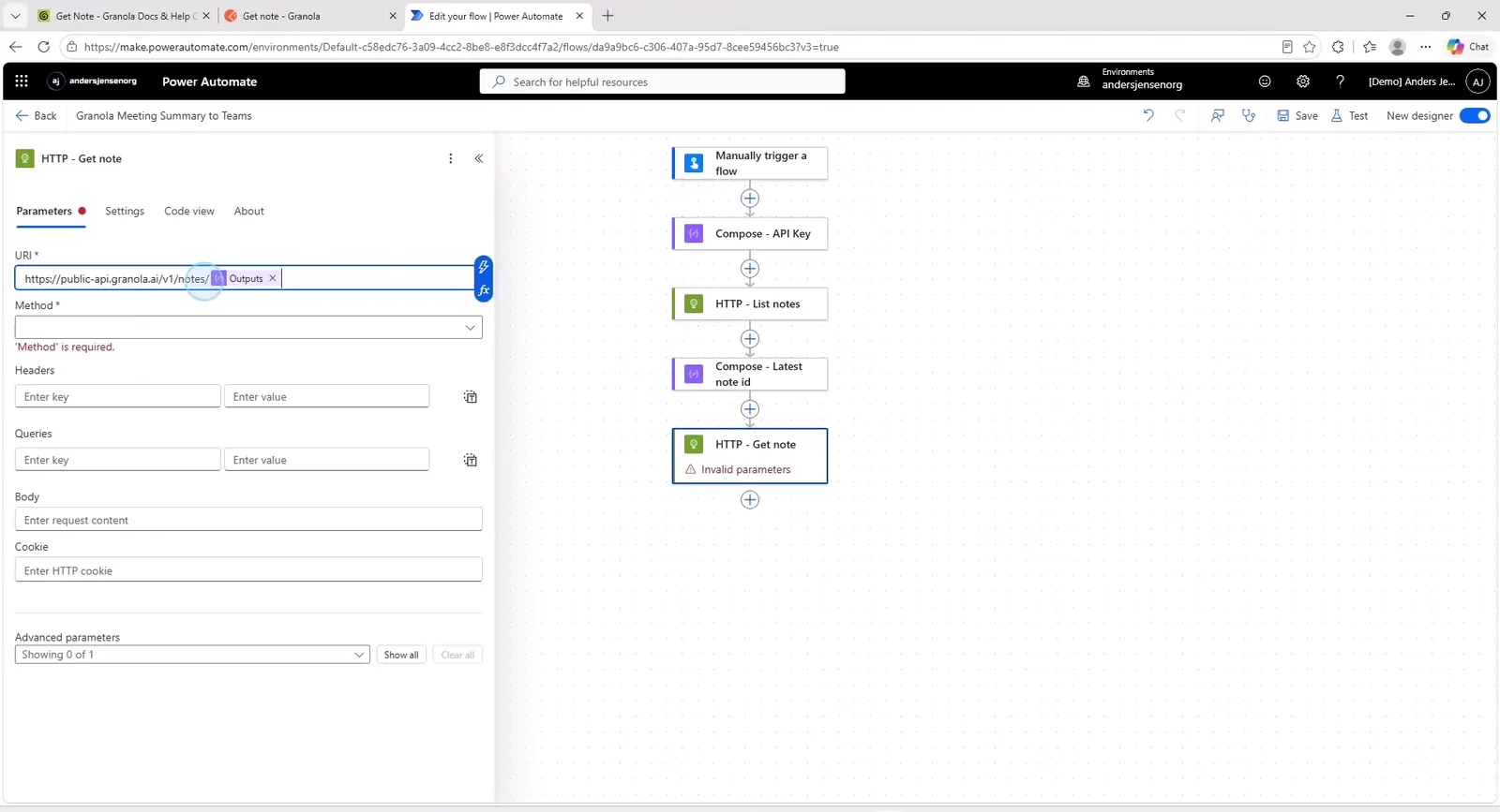 The HTTP - Get note action in Power Automate with the dynamic note id inserted into the URL