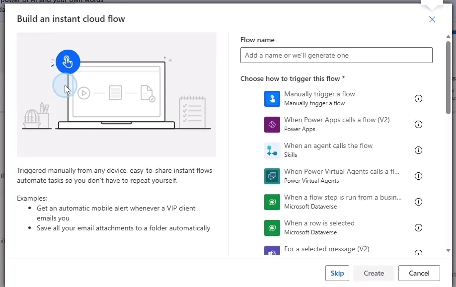 The Build an instant cloud flow dialog in Power Automate with a flow name and the manual trigger selected