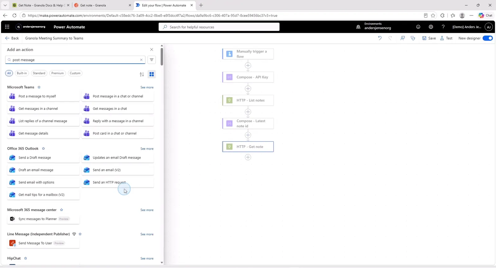 The Power Automate action list showing the Microsoft Teams action Post message in a chat or channel