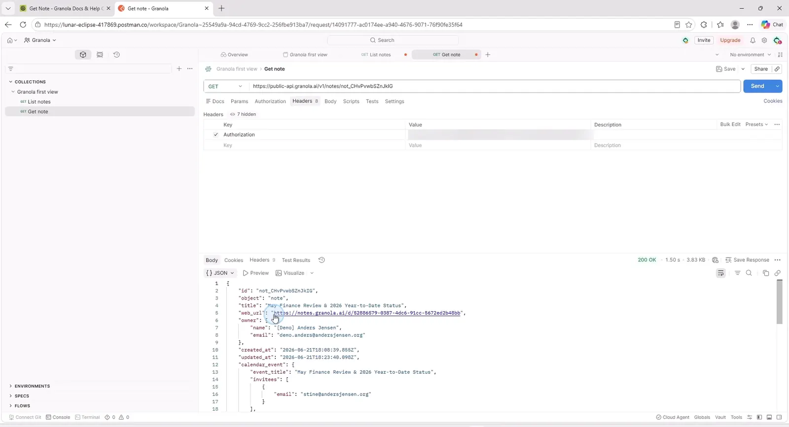 Postman showing the Get note call and the response with summary_text and web_url visible
