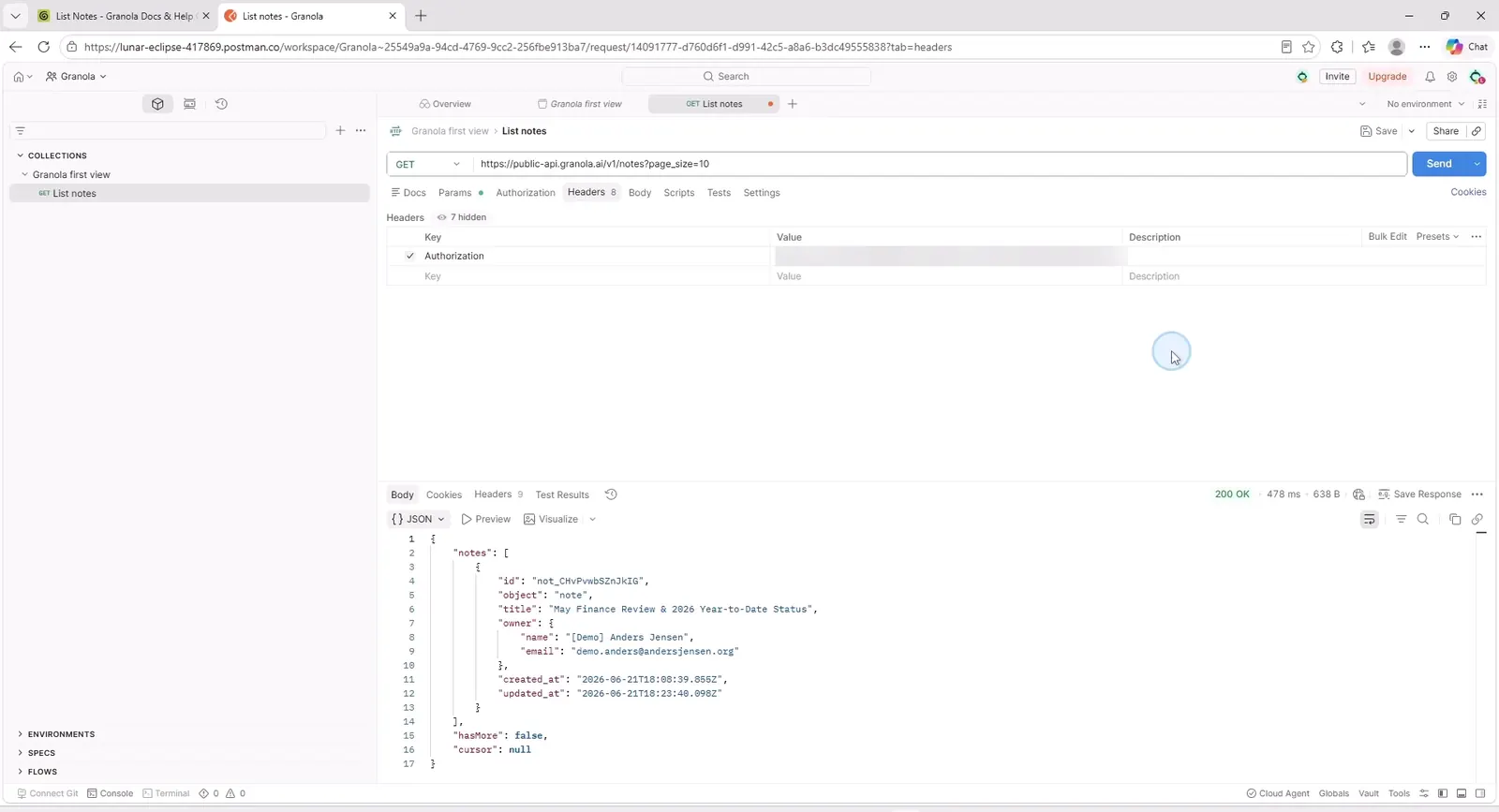 Postman showing the List notes call and the JSON response with id, title and owner for the most recent note