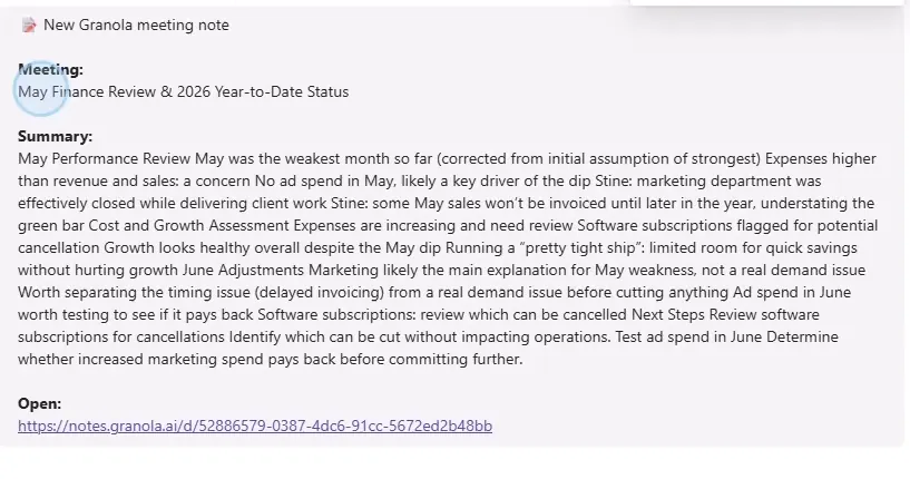 A Microsoft Teams chat with a message from Flow bot showing the meeting title, Granola's summary and a link to the full note