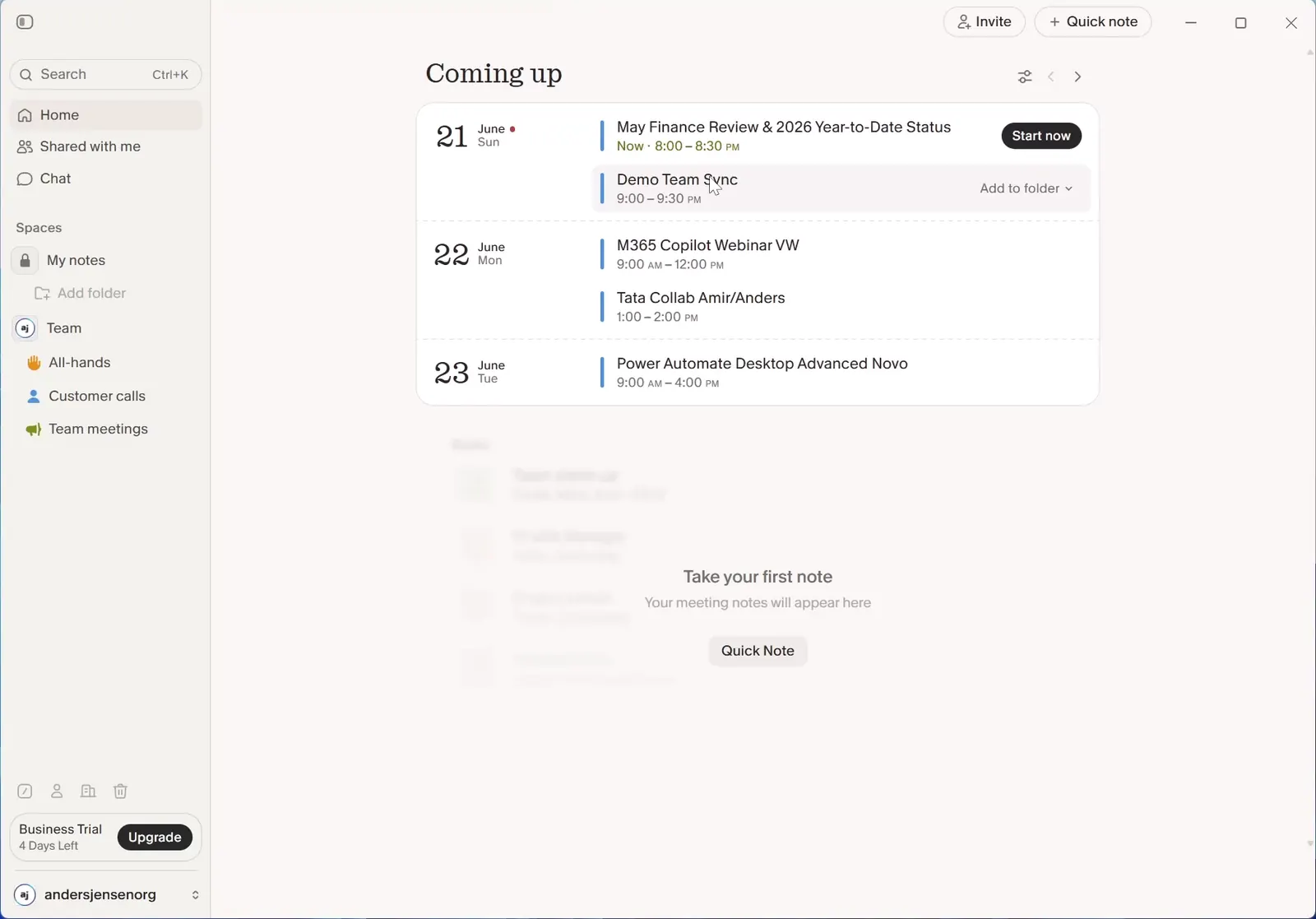 Granola's home screen showing Coming up with the upcoming meetings from the Outlook calendar