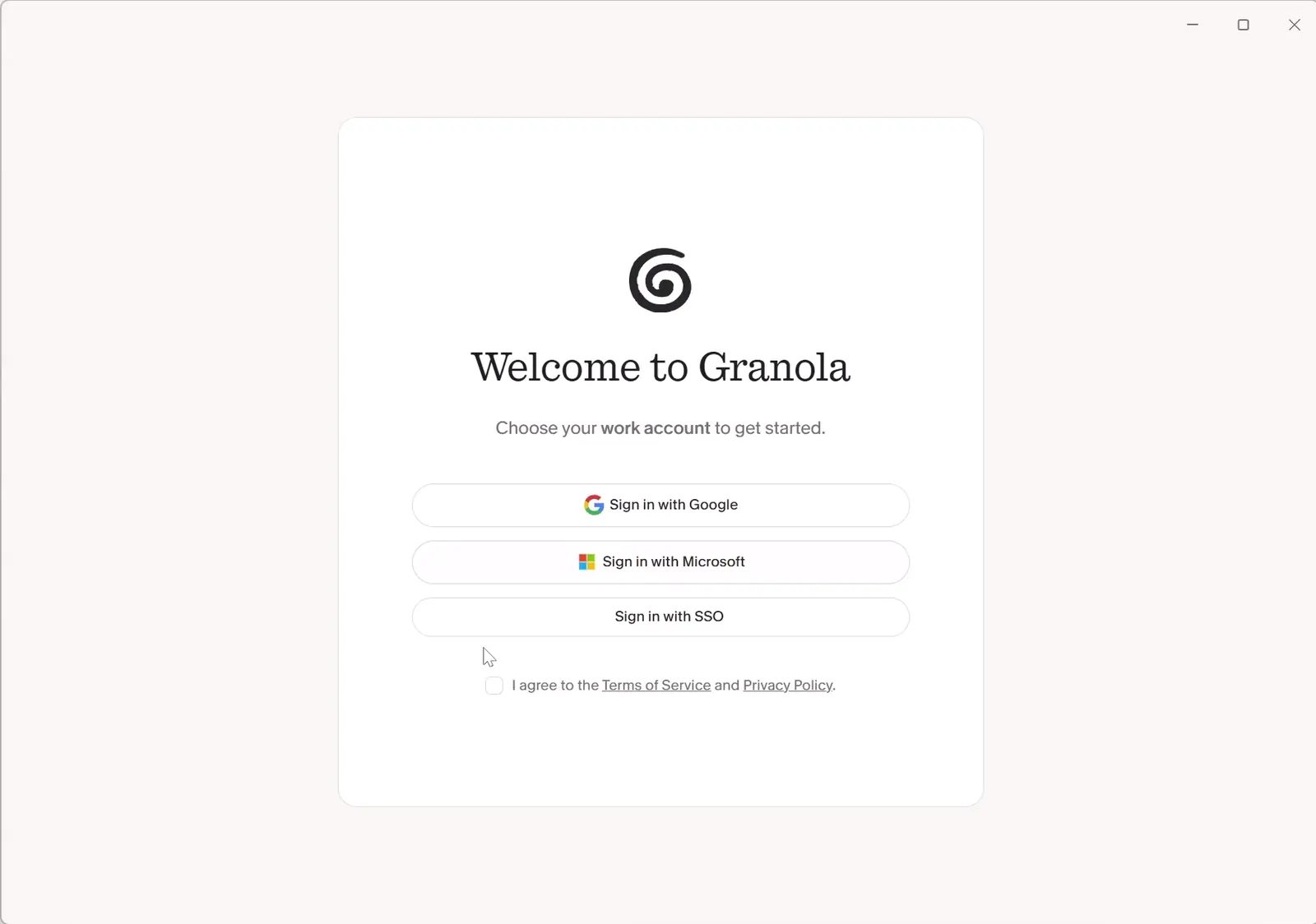 Granola's welcome screen with the options Sign in with Google, Sign in with Microsoft and Sign in with SSO