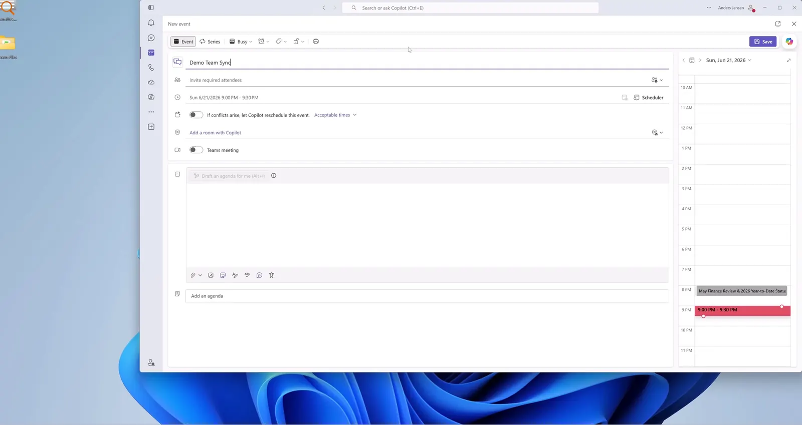 A new meeting being created in the Outlook calendar with a title, an attendee and a time