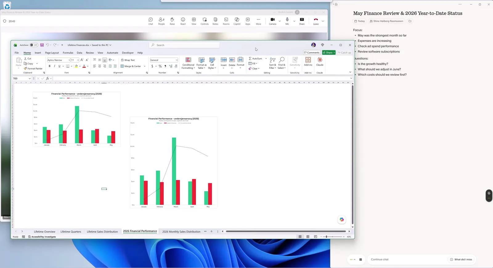 A Teams meeting in progress with an Excel file shared on screen and Granola's note panel alongside it