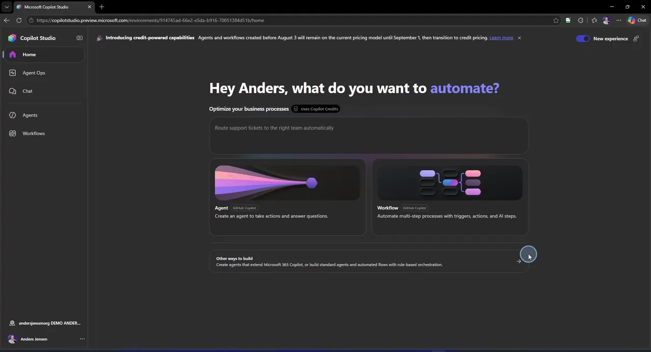 Den nye Copilot Studio-forside med to kort, Agent og Workflow, begge mærket GitHub Copilot