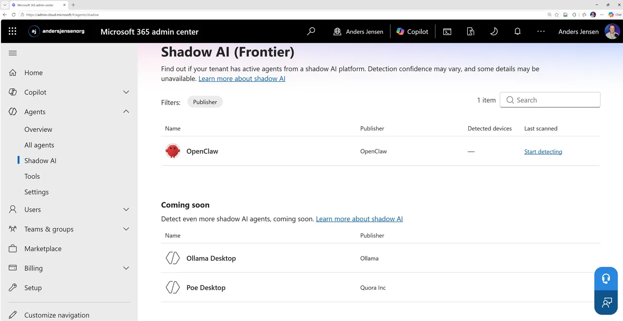 Shadow AI (Frontier)-siden i Microsoft 365 admin center med OpenClaw på listen over agenter, der kan detekteres, og Ollama Desktop og Poe Desktop under coming soon