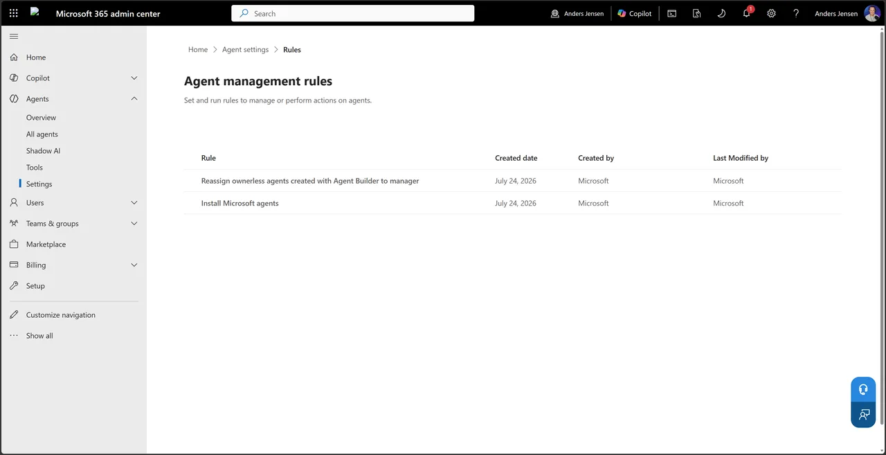 Agent management rules with Microsoft's two default rules for ownerless agents and installing Microsoft agents