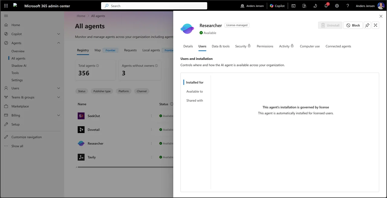 The Users tab on Researcher with the message that the agent's installation is governed by license