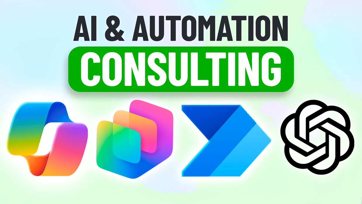AI & Automation Consulting: collage with Microsoft Copilot, Power Automate, and OpenAI logos